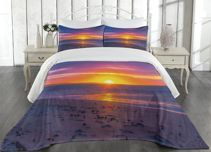 Lunarable Beach Coverlet, Calm Tranquil Sunset at Exotic Sandy Seashore Coastal Dramatic Vibrant Photo, 3 Piece Decorative Quilted Bedspread Set with 2 Pillow Shams, Queen Size, Purple Orange