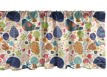 Lunarable Fall Window Valance, Hedgehog Pigeon and Mushroom with Autumn Season Themed Forest Design Falling Leaves, Curtain Valance for Kitchen Bedroom Decor with Rod Pocket, 54" X 12", Navy Beige