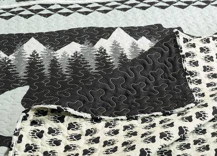 Virah Bella Moon Bear 3-Piece Full/Queen Quilt Set - 90"x90" Reversible Silhouette Cabin Bedding with 2 Standard Pillow Shams - Rustic Lodge Black Bear Paw Print Woodland Mountain Coverlet