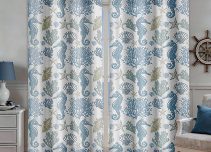 Coastal Seahorse Curtains, Grommet Window Panels, 52 x 96 Inch, 2 Panels