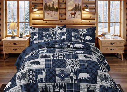 2 Piece Cabin Quilt Sets Twin Size Farmhouse Rustic Reversible Microfiber Soft Lightweight Bedspread Comforter with 1 Sham Patchwork Country Lodge Bedding Quilts Set for All Season, 68''x86'', Blue