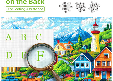 1000 Piece Jigsaw Puzzle for Adults, Coastal Village Scene with Lighthouse and Mountain View, Stress Relief & Family Bonding Game, 27.56x19.69 Inches Home Decor
