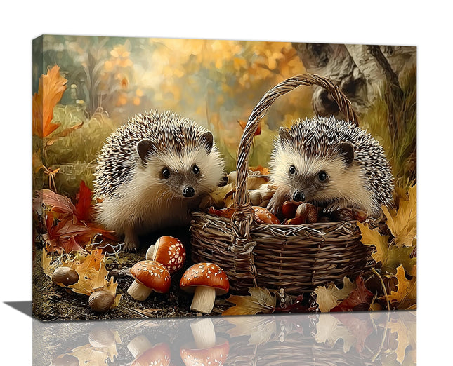 Zyphren Fall Hedgehog Wall Art Autumn Maple Leaves Pictures Woodland Wall Decor Canvas Print Painting Home Artwork Decoration Gifts for Kitchen Living Room Bedroom Office 12"x16"