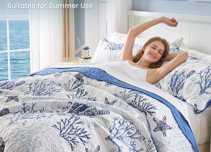Qucover Coastal Quilt Sets King Size 106x98in, Reversible Microfiber Quilts with 2 Shams Soft Lightweight Beach Bedding Bedspread Coverlet Summer Comforter Set for All Season, Navy Blue