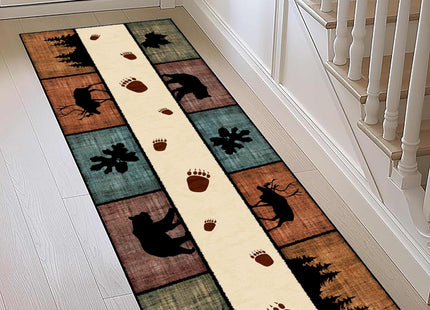 Kuluoits Black Bear Runner Rug,2x7ft, Lodge Cabin Wildlife Bear Moose Forest Woodland Hallway Rugs, Buffalo Plaid Long Runner Non-Slip Washable Farmhouse Floor Mats for Bedroom Living Room