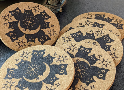 Mango Steam Set of Six Owl Decorative Coasters for Drinks & Mugs with Metal Holder, Black