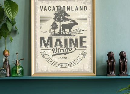 Maine State Emblem Poster - Retro Travel Art, Home & Office Wall Art - 12x18 Inches