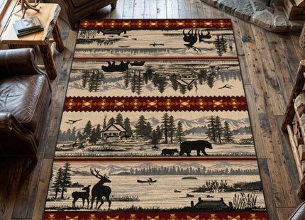 Rustic Wildlife Area Rug, 3x5 ft Bear Deer Elk Mountain Lake Cabin Design