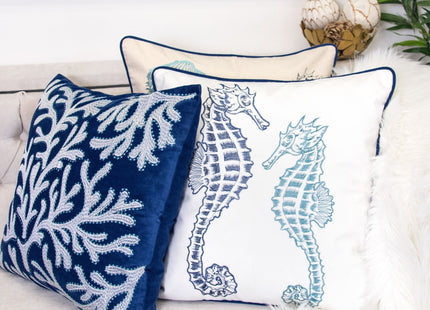 Homey COZY Embroidery Navy Velvet Seahorse Throw Pillow Cover,Ocean Blue Series Nautical Decorative Pillow Case Coastal Beach Theme Home Decor 20x20,Cover Only