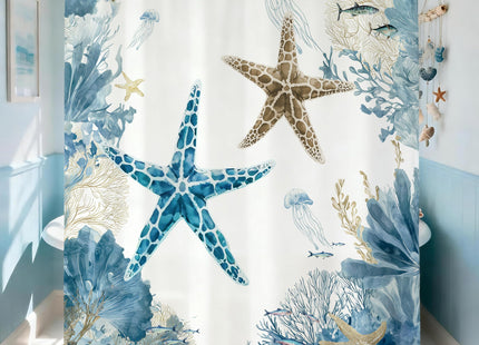 Blue Beach Shower Curtain for Bathroom, Ocean Coastal Theme, 72x72 In