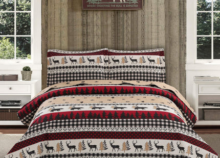 Rustic Twin Size Quilt Set - Lodge Cabin Plaid Patchwork Quilt, Country Bedspread, Reversible, Lightweight Quilt Coverlet with Forest Black Bear Moose Design