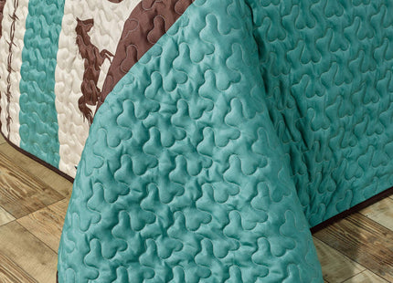 WPM WORLD PRODUCTS MART Western Teal/Beige/Brown Horseshoe, Horse, Barb Wire Cowboy Print Queen Size Bedspread 3 Piece Southwestern Cabin Lodge Design Coverlet Quilt Set- JENA (Queen)