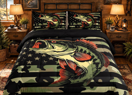 Castle Fairy Bass Fish Camouflage Full Size Comforter Set Farmhouse Fishing Bedding Set for Kids Adults Teens Retro Green Camo Comforter Luxury Bass Fish Pattern Quilt Set Room Decor 3Pcs