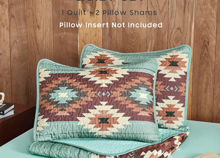 Wake In Cloud - Western Quilt Set, Aztec Southwestern Rustic Farmhouse Country Cabin with Geometric Pattern, Reversible Lightweight Bedspread Coverlet, 3 Pieces