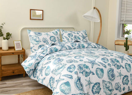 Coastal Beach Theme Quilt Set Full/Queen Size Lightweight Ocean Coral Bedding Seashell Conch Starfish Bedspread Coverlet Reversible Nautical Bed Cover with 2 Pillow Shams