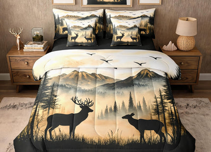 jejeloiu Western Rustic Cute Deer Cabin Comforter Set Full with Sheets for Kids Boys Girls Hunting 7 Pieces Bedding Set Country Farmhouse Bed in a Bag Foggy Mountain Room Decor