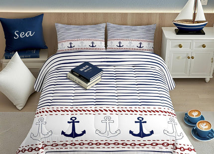 Boys Geometric Striped Bedding Set Navy Blue Anchor Comforter Set Twin Size Nautical Themed Quilted Duvet 2pcs for Kids Teens Men Adults Room Decor Sea Adventure Duvet Insert White,1 Pillowcase