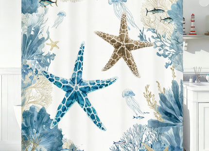 Blue Beach Shower Curtain for Bathroom, Ocean Coastal Theme, 72x72 In