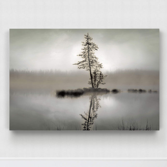 Renditions Gallery Canvas Wall Art for Home Decor Pine Tree Reflection in Misty Forest Lake Modern Nature for Bedroom Living Room Kitchen - 32"X48" LT08
