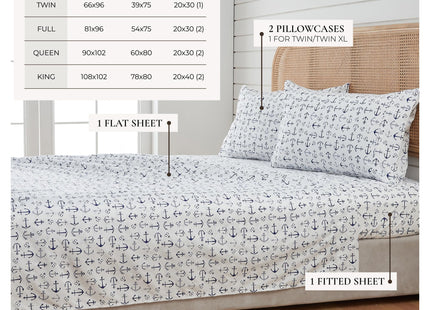 Great Bay Home Full Coastal Microfiber Sheet Set - 4-Piece Nautical-Printed, Ultra-Soft Sheets - Beach-Themed Bedding Sheets & Pillowcases (Anchor)