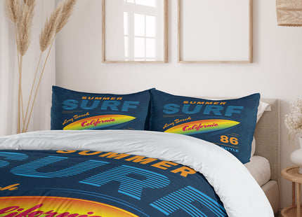 Ambesonne Surf Duvet Cover Set, American Boardriders Long Beach Sun Standing in Ocean Waves Illustration, Decorative 2 Piece Bedding Set with 1 Pillow Sham, Twin Size, Marigold Blue