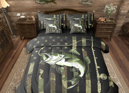 Erosebridal Bass Fish Comforter Set with Sheets (7 Pieces,Twin Size) - Army Green American Flag Bedding Set for Kids Boys Teens Men Hunting Fishing Bed in A Bag Big Pike Fish Bedding Collections