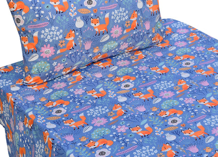 J-pinno Fox Birds Play in Flowers Bloom Tree Forest Twin 100% Cotton 3 Pieces Sheet Set for Kids Girls Children,Flat Sheet + Fitted Sheet + Pillowcase Bedding Decoration Gift Set