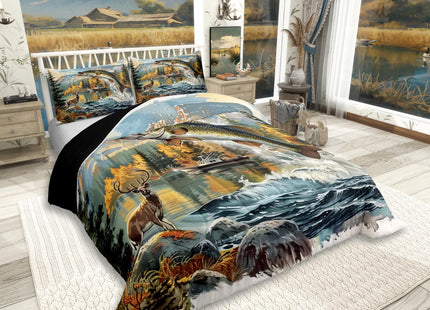 Erosebridal Bass Fishing Full Comforter Set,Hunting Deer Bedding Sets for Kids Boys Girls,Big Pike Fish Quilt Bed Set,Rustic Mountain Lake House Bedroom Decor,2 Pillowcases Lightweight