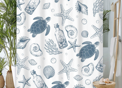 Blue Nautical Turtle Shower Curtain Set Ocean Coastal Beach Bathroom Decor