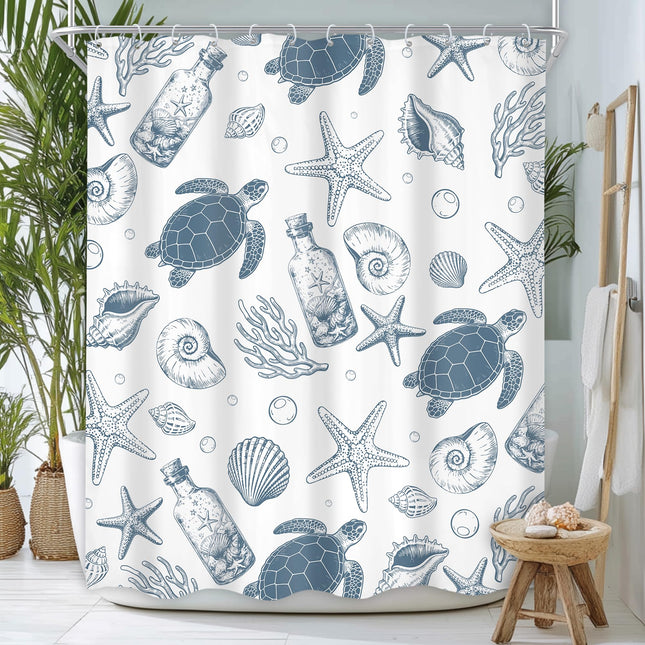 Blue Nautical Turtle Shower Curtain Set Ocean Coastal Beach Bathroom Decor