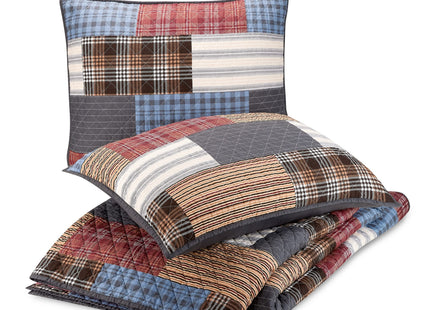Cabin Patchwork Plaid 100% Cotton 3-Piece Quilt Set, Reversible Lightweight Quilt and Shams, Coverlet Set (King Size, Red/Blue/Beige)
