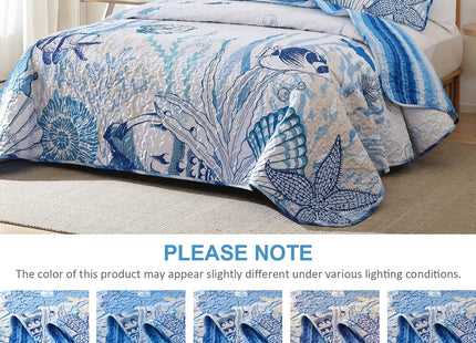 DJY Ocean Coastal Quilt King Size, 3 Pcs Beach Theme Bedspread Coverlet Set
