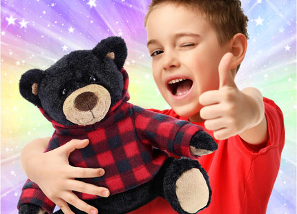 DolliBu Plush Black Bear with Red Plaid Hoodie - Soft Huggable Wild Life Bear, Adorable Playtime Zoo Black Bear Plush, Cute Cuddle Gift for Kids and Adults
