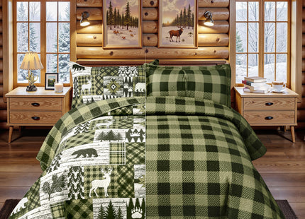 3 Piece Cabin Full/Queen Quilt Sets Farmhouse Rustic Reversible Microfiber Soft Lightweight Bedspread Comforter with 2 Shams Patchwork Country Lodge Bedding Quilts Set for All Season, 90''x96'', Green