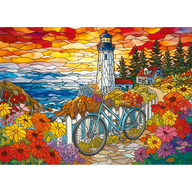 Puzzles for Adults 1000 Pieces Stained-Glass Lighthouse, Sunset Coastal Lighthouse Adults Puzzles Flowers Bike Letter on Back No Dust, Matte Finish Seaside Jigsaw Puzzles Home Decor, Gifts Games