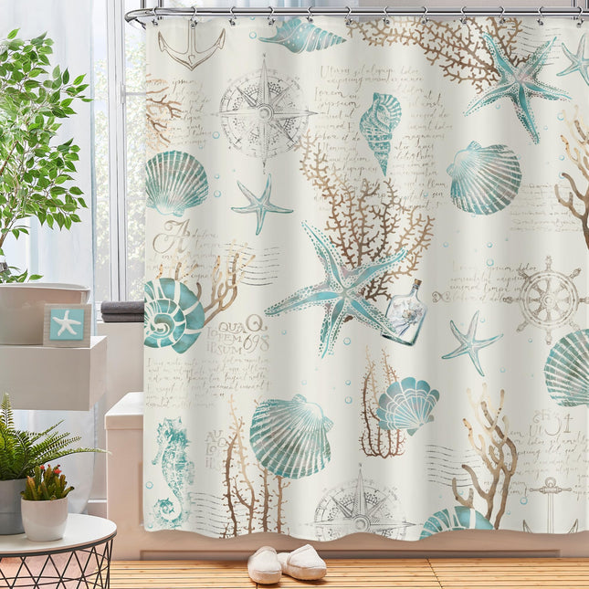 Starfish Seashells Shower Curtain Set Beach Coastal Nautical Bathroom Decor