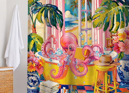 Octopus Coastal Funny Funky Whimsical Boho Bathroom Shower Curtain Set
