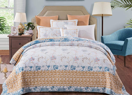 Tache Twin White Quilt Cotton Patchwork Cottage Coastal Beach Embroidered Floral - White Gold Yellow Sky Blue Reversible Lightweight Coverlet Winter Frost Quilt Set - Twin