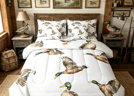 Feelyou Mallard Duck 7 Pieces Bed in a Bag Set Hunting and Fishing 7 PCS Comforter Set with Sheets Wild Animal Bed in a Bag for Boys Girls Kids Wildlife White Comforter Set with Sheets Queen Size