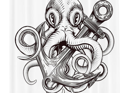Ambesonne Anchor Shower Curtain, Monochrome Octopus Tattoo Art Style Naval Sketch Mythical Kraken Beast Design, Cloth Fabric Bathroom Decor Set with Hooks, 69" W x 75" L, Brown and White