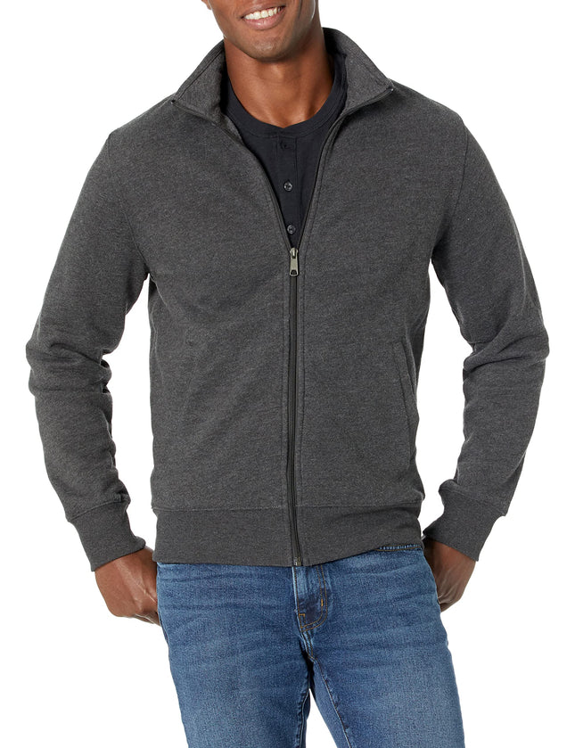 Amazon Essentials Men's Standard Full-Zip Fleece Mock Neck Midweight Sweatshirt with Pockets, Charcoal Heather, Large