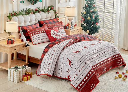 Christmas Quilt Set King Size 101x88 - White Stripes Red Deer Snowflake Cubes Gray Heart with Red Plaid - Xmas New Year Gingham Style Microfiber Winter Bedding Coverlet Thanksgiving Holiday Bedspread