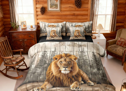 Erosebridal 3D Lion Bed in A Bag 7 Pcs Wildlife Hunting Theme Comforter Set for Kids Teens Forest Pine Tree Bedding Sets Queen Country Woodland Animal Sheet Set with Comforter