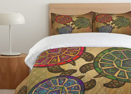 Ambesonne Turtle Duvet Cover Set, 3 Ocean Turtles Ethic Style Animals Geometric Vibrant Ocean Theme Artwork Print, Decorative 3 Piece Bedding Set with 2 Pillow Shams, Queen Size, Brown Green
