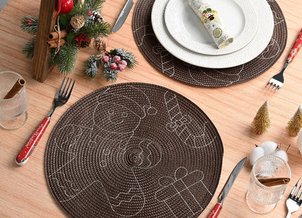 Feuille Round Christmas Placemats Set of 4,13.5 Inch Brown Gingerbread Man Placemats for Round Tables Winter Placemats Perfect for Indoor Christmas Decorations