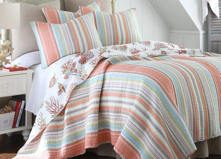 Levtex Home Brighton Coral Twin Cotton Quilt Set Stripe Coastal