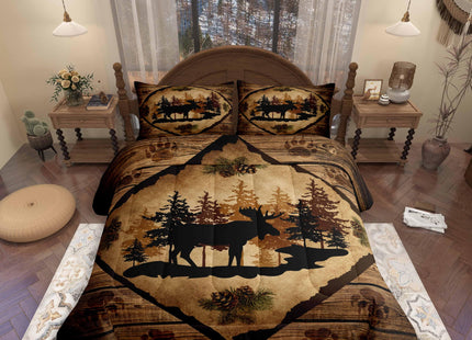 Homewish Moose Cabin Bedding Set,Retro Brown Wooden Stripes Farmhouse Comforter Set for Kids Teens Adults,Pine Cones Trees Wild Animal Paw Print Quilted Comforter with 2 Pillowcases Queen Size 3 Pcs