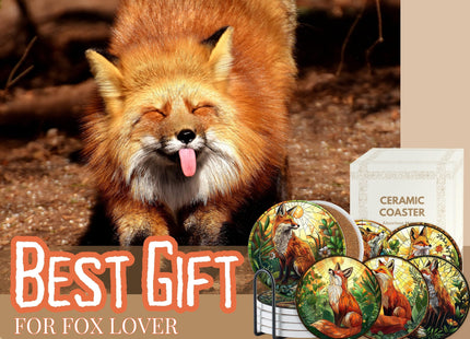 Fox Gifts, Ceramic Coaster for Fox Lover, Absorbent with Cork Base, Home Decor