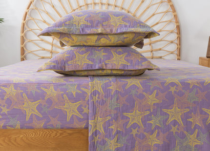 FADFAY Beach Theme Sheets Set King Purple Yellow Starfish Ocean Bedding Coastal Nautical Bedding Super Soft Washed Double -Layer Muslin Sheets 100% Cotton Deep Pocket Fitted Sheet 4Pcs, King Size
