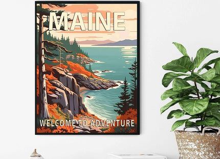 Maine Black Framed Poster Art Print, Retro States Landscape Wall art Decor, Adventure Mountain and Scenery Painting for Bedroom, Living Room (Maine Scenery, 16x20 inches + (Black Frame))